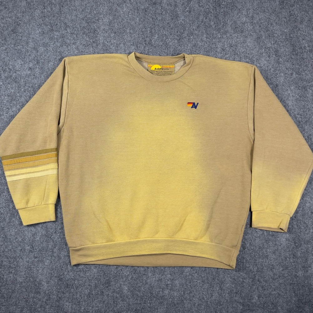 Aviator Nation Sweatshirt Mens Large Tan Sun Faded Rainbow Stripe Crewneck
